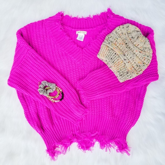 SOLD Frayed Magenta Sweater - Picture 1 of 5